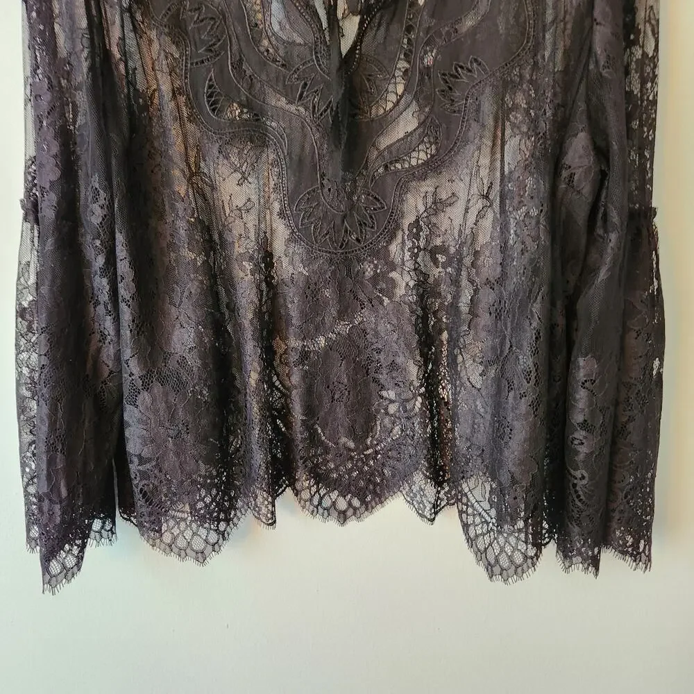 Womens Black Lace Whimsigoth Top XL Floral Flare Sleeve Fairygrung Festival Boho - Picture 3 of 13